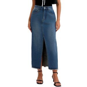 Women's Denim Skirt Split Front Raw Hem Washed Maxi Jean Skirts Retro Blue